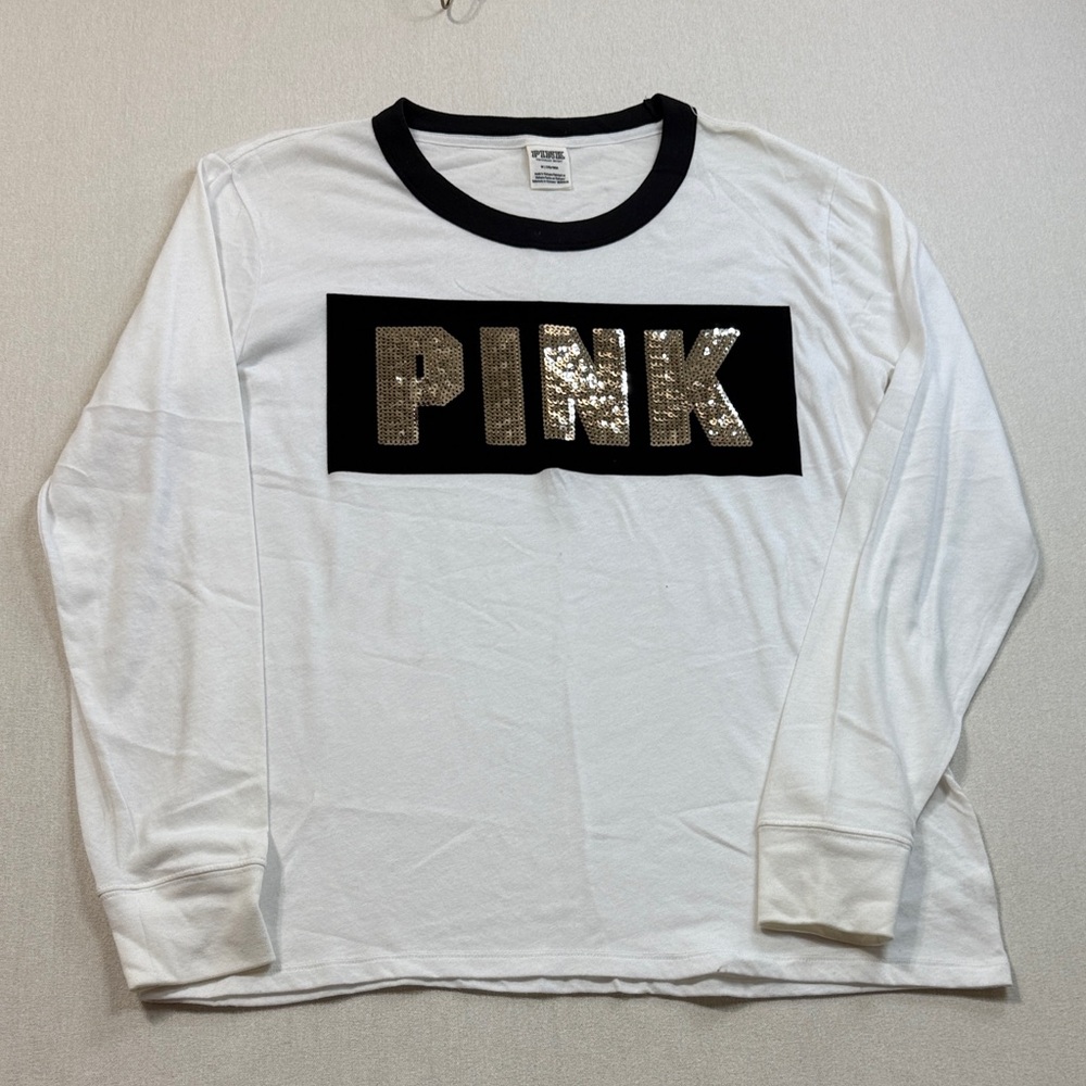 PINK Victoria's Secret White Long Sleeve Tee with Black and Gold Accents